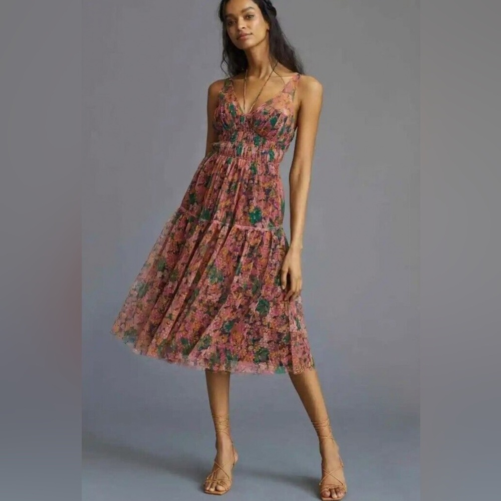 Anthropologie Floral Midi Dress - Pink and Green